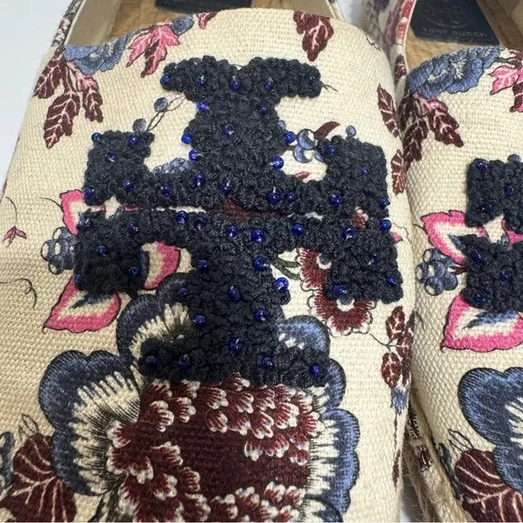 Tory Burch Elisa Logo Navy Floral Embroidered Flats Size 9.5