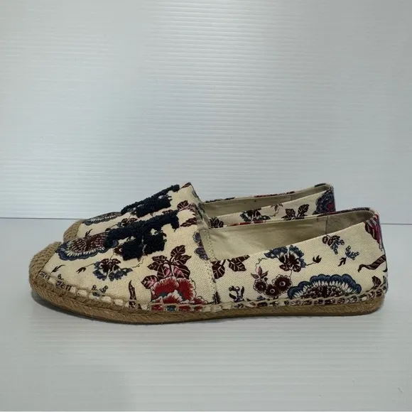 Tory Burch Elisa Logo Navy Floral Embroidered Flats Size 9.5
