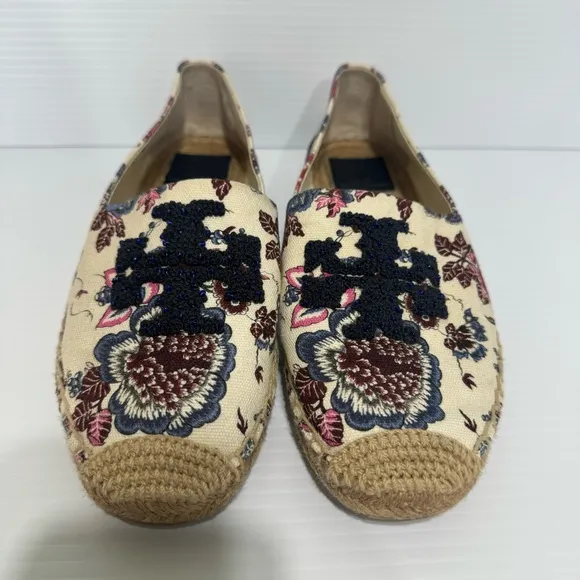 Tory Burch Elisa Logo Navy Floral Embroidered Flats Size 9.5