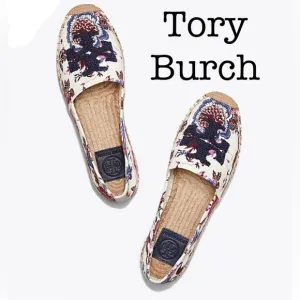 Tory Burch Elisa Logo Navy Floral Embroidered Flats Size 9.5
