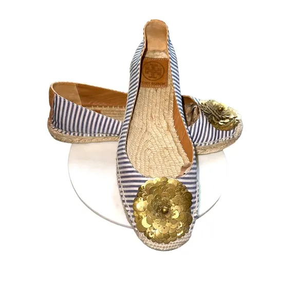 Tory Burch - Embellished blue/white striped Espadrilles, size 7