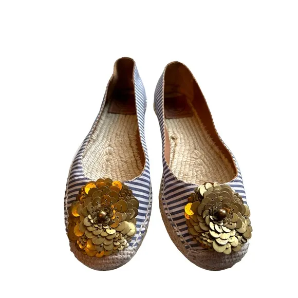 Tory Burch - Embellished blue/white striped Espadrilles, size 7