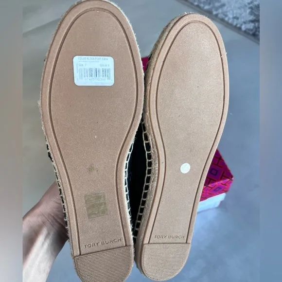Tory Burch espadrilles color block black canvas with white leather cap toe 7