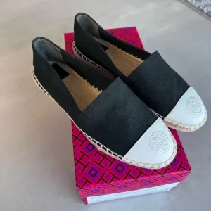 Tory Burch espadrilles color block black canvas with white leather cap toe 7