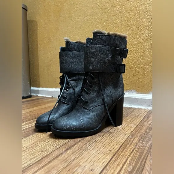 Tory Burch Gray Broome Combat Boots With Shearling Lining Women's
