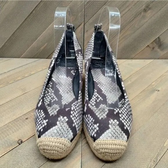 Tory‎ Burch Heather Animal Print Espadrilles Women's Size 7 Grey Black Tan Shoes