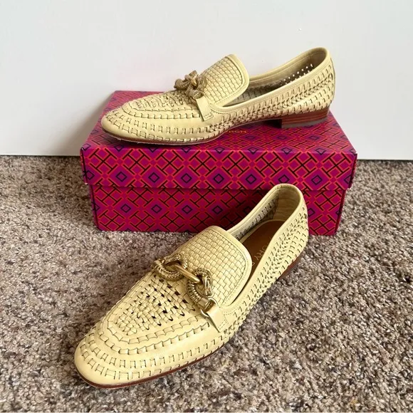 Tory Burch IN BOX Jessa Woven Goat Leather Loafers in Sweet Corn