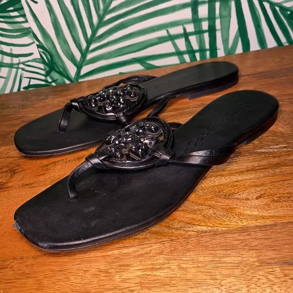 Tory Burch Jeweled Miller Black Leather Sandals Women’s 7.5 M