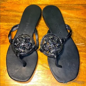 Tory Burch Jeweled Miller Black Leather Sandals Women’s 7.5 M