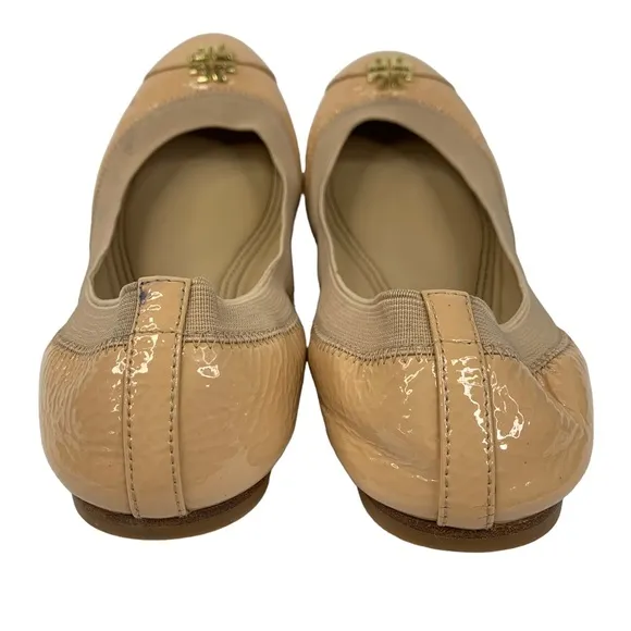 TORY BURCH Jolie Taupe Nude Patent Leather Cap Toe Stretch Ballet Flats Size 8M
