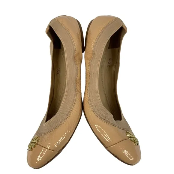 TORY BURCH Jolie Taupe Nude Patent Leather Cap Toe Stretch Ballet Flats Size 8M