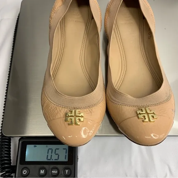 TORY BURCH Jolie Taupe Nude Patent Leather Cap Toe Stretch Ballet Flats Size 8M