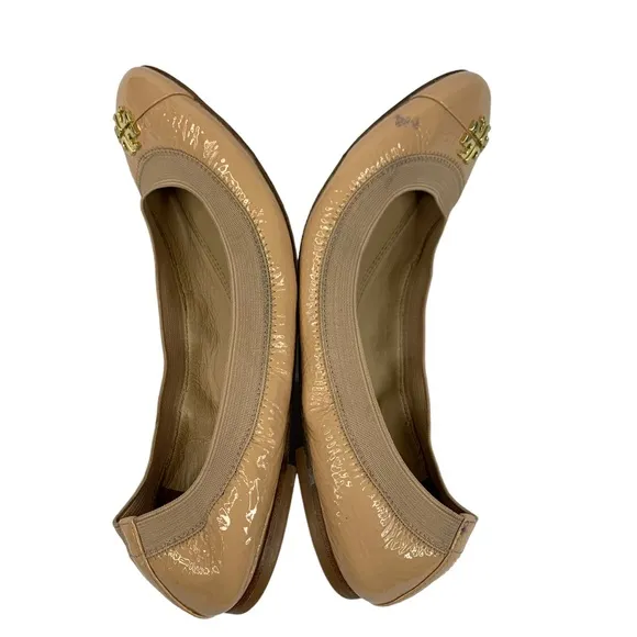 TORY BURCH Jolie Taupe Nude Patent Leather Cap Toe Stretch Ballet Flats Size 8M