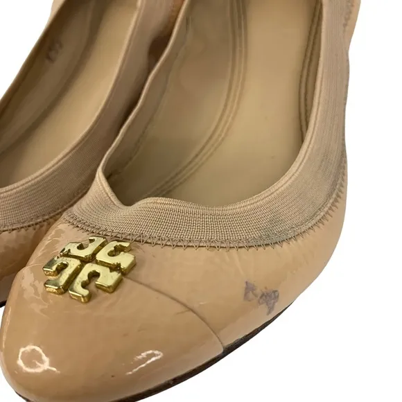 TORY BURCH Jolie Taupe Nude Patent Leather Cap Toe Stretch Ballet Flats Size 8M