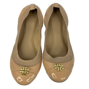 TORY BURCH Jolie Taupe Nude Patent Leather Cap Toe Stretch Ballet Flats Size 8M