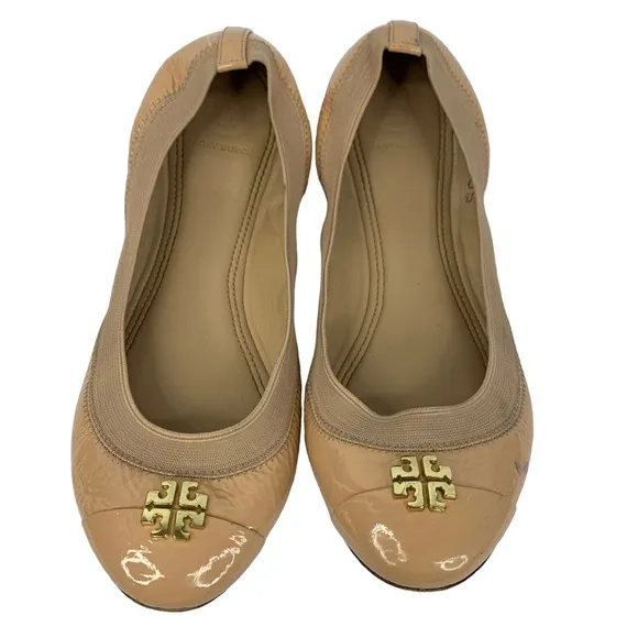 TORY BURCH Jolie Taupe Nude Patent Leather Cap Toe Stretch Ballet Flats Size 8M
