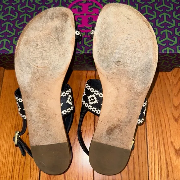 Tory Burch, Leather Sandals, Size 6, Navy &amp; White