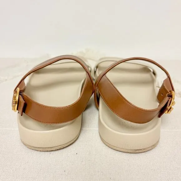 Tory Burch Leather Slip On Slingback Sandals Cream / Brown Women's Size US 9