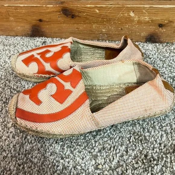 Tory Burch Lonnie Leather Logo Canvas Flat Espadrilles Size 5