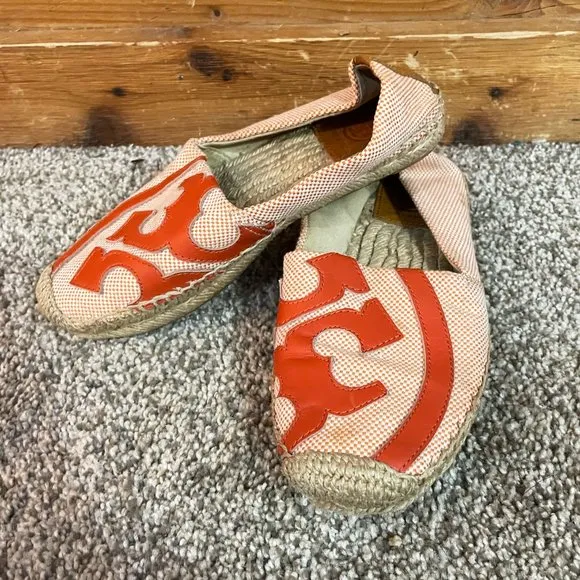 Tory Burch Lonnie Leather Logo Canvas Flat Espadrilles Size 5