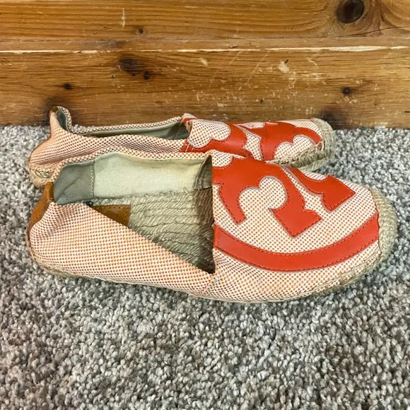 Tory Burch Lonnie Leather Logo Canvas Flat Espadrilles Size 5