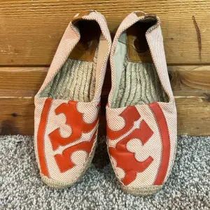 Tory Burch Lonnie Leather Logo Canvas Flat Espadrilles Size 5