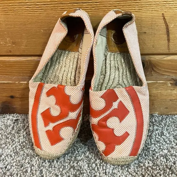 Tory Burch Lonnie Leather Logo Canvas Flat Espadrilles Size 5