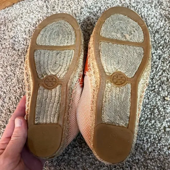Tory Burch Lonnie Leather Logo Canvas Flat Espadrilles Size 5