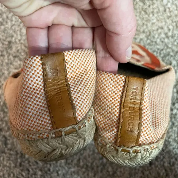 Tory Burch Lonnie Leather Logo Canvas Flat Espadrilles Size 5