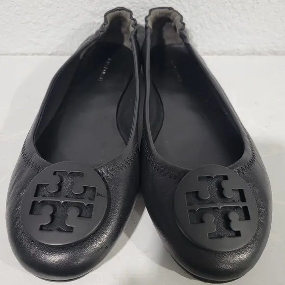 Tory Burch Minnie travel ballet flats logo badge black leather size 8