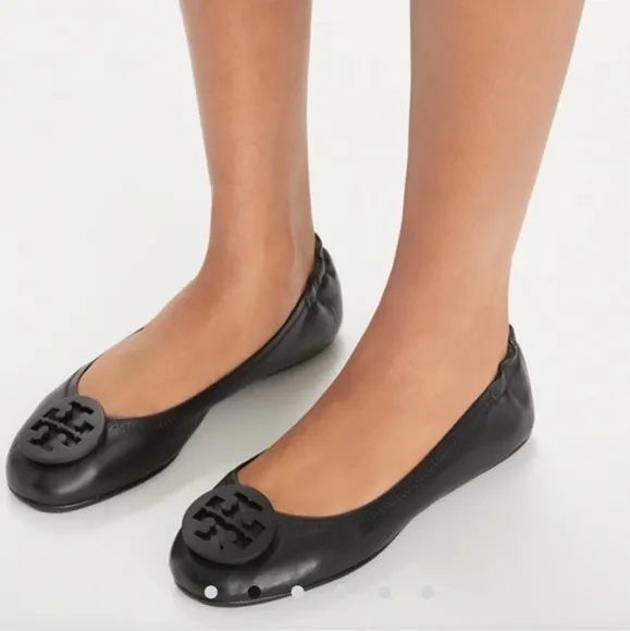 Tory Burch Minnie travel ballet flats logo badge black leather size 8