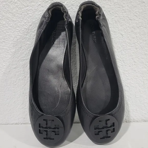Tory Burch Minnie travel ballet flats logo badge black leather size 8