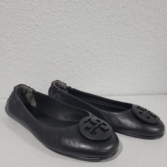 Tory Burch Minnie travel ballet flats logo badge black leather size 8