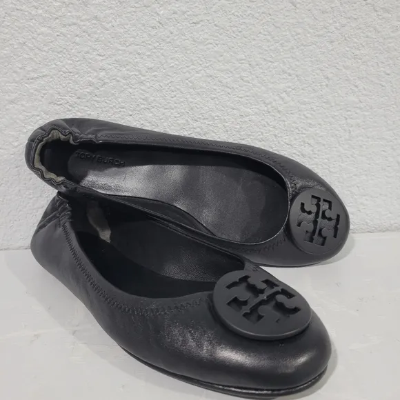 Tory Burch Minnie travel ballet flats logo badge black leather size 8
