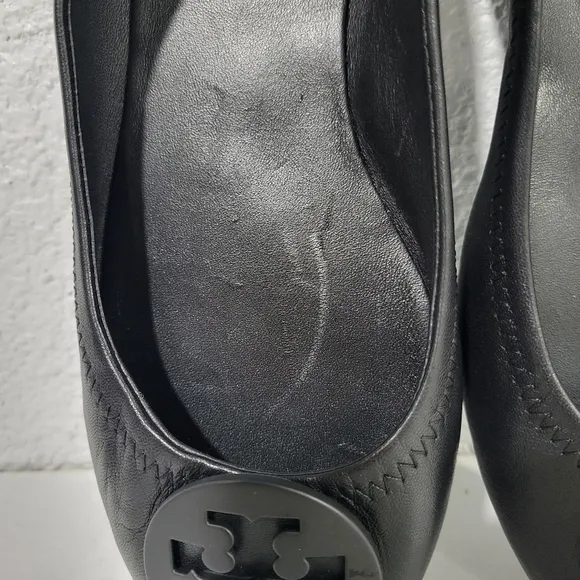 Tory Burch Minnie travel ballet flats logo badge black leather size 8