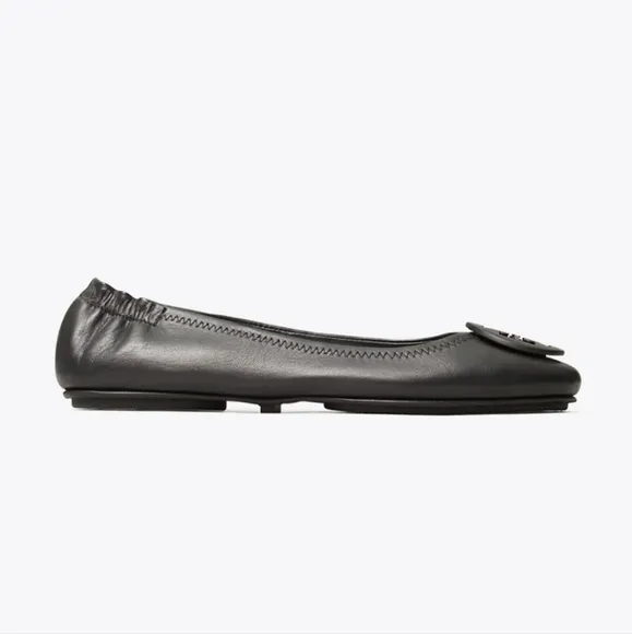 Tory Burch Minnie travel ballet flats logo badge black leather size 8