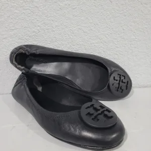 Tory Burch Minnie travel ballet flats logo badge black leather size 8