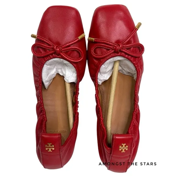 Tory Burch Nappa Leather Square Toe Bow Brilliant Red Ballet Flats