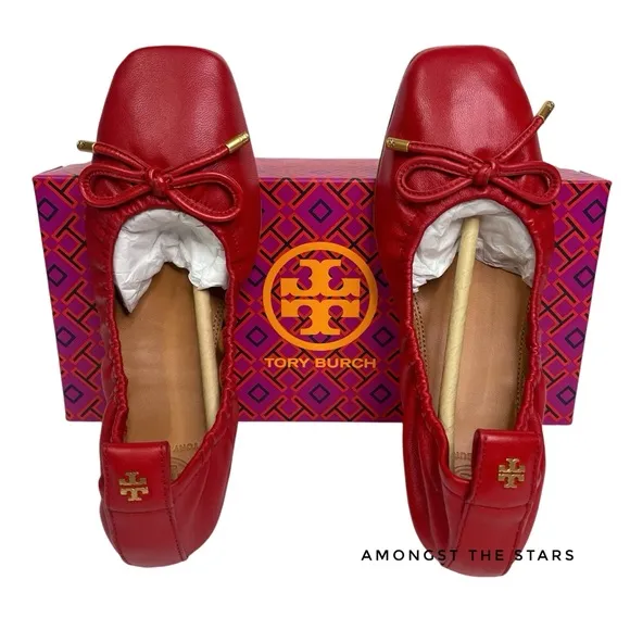 Tory Burch Nappa Leather Square Toe Bow Brilliant Red Ballet Flats