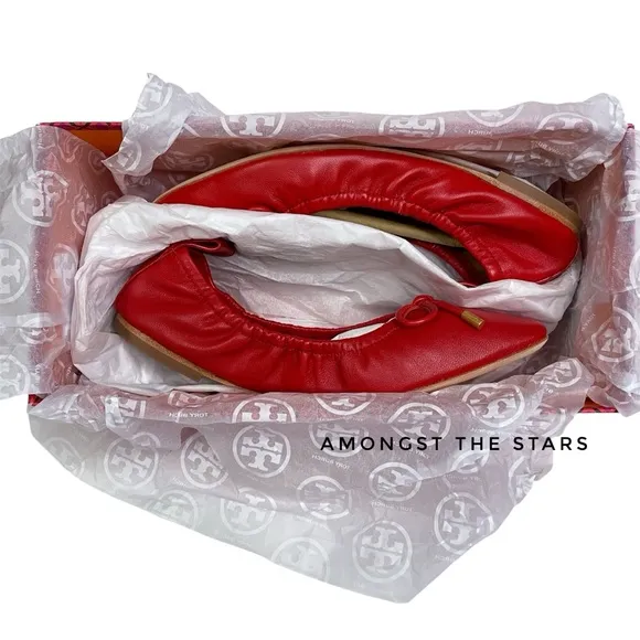 Tory Burch Nappa Leather Square Toe Bow Brilliant Red Ballet Flats