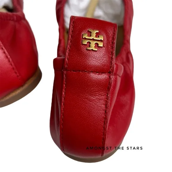 Tory Burch Nappa Leather Square Toe Bow Brilliant Red Ballet Flats