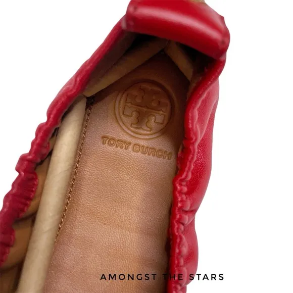 Tory Burch Nappa Leather Square Toe Bow Brilliant Red Ballet Flats