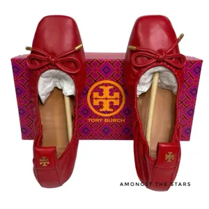 Tory Burch Nappa Leather Square Toe Bow Brilliant Red Ballet Flats