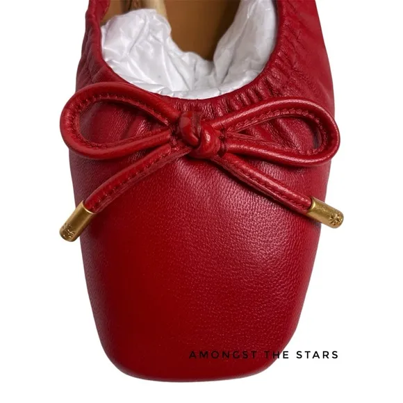 Tory Burch Nappa Leather Square Toe Bow Brilliant Red Ballet Flats