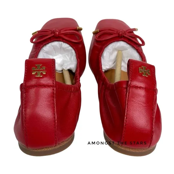 Tory Burch Nappa Leather Square Toe Bow Brilliant Red Ballet Flats