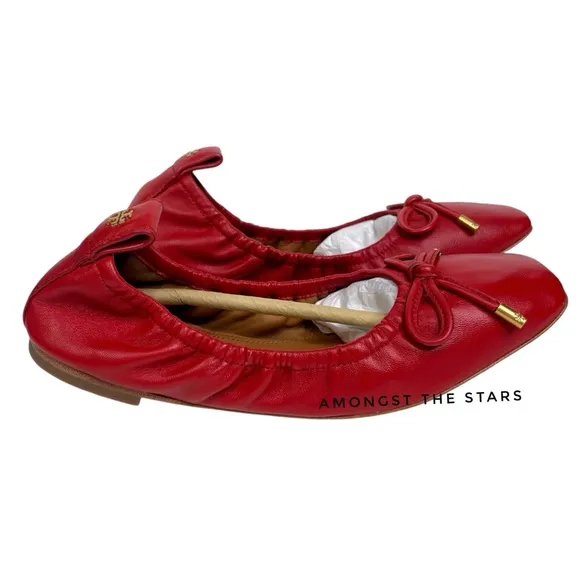 Tory Burch Nappa Leather Square Toe Bow Brilliant Red Ballet Flats