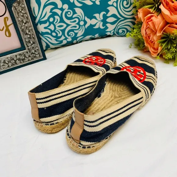 Tory Burch Navy Blue Striped Espadrille Flat