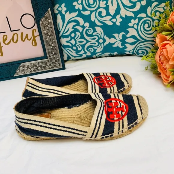 Tory Burch Navy Blue Striped Espadrille Flat
