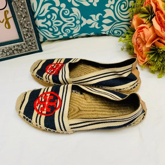 Tory Burch Navy Blue Striped Espadrille Flat