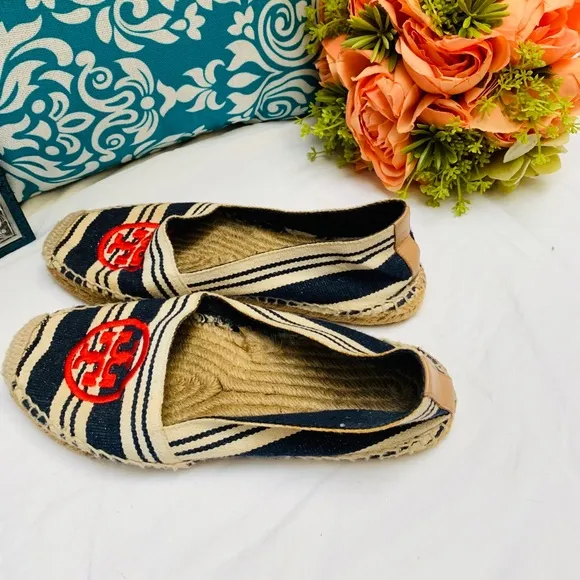 Tory Burch Navy Blue Striped Espadrille Flat